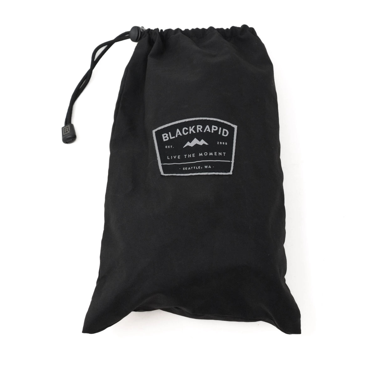 Black drawstring bag with a logo on a white background