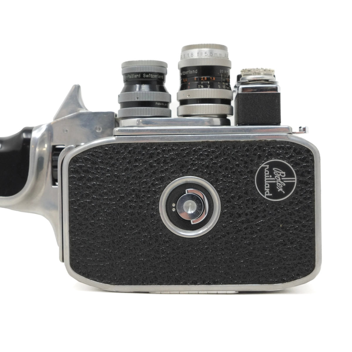 Vintage three-lens camera on a white background