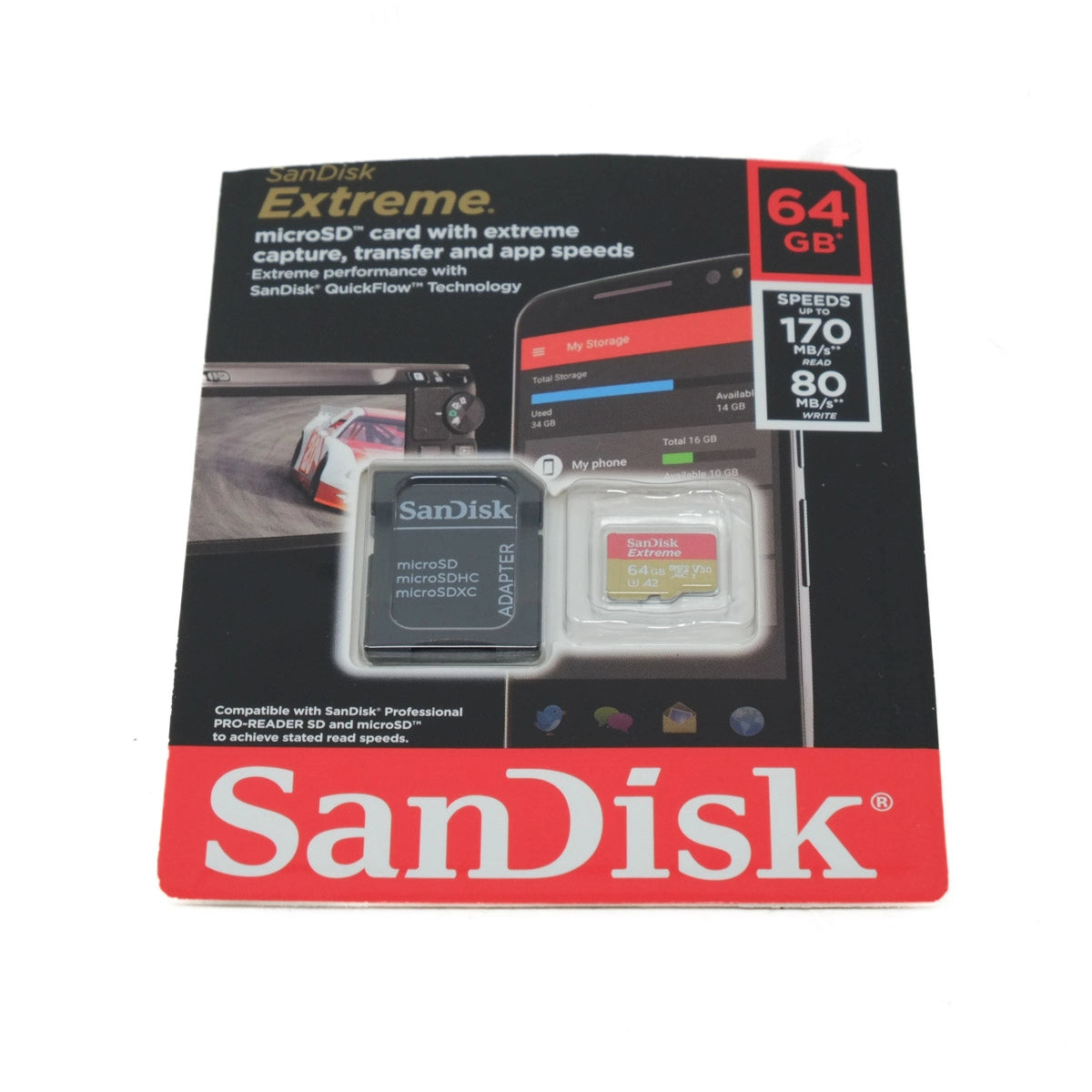 SanDisk Extreme microSD card packaging with 64GB capacity on a white background