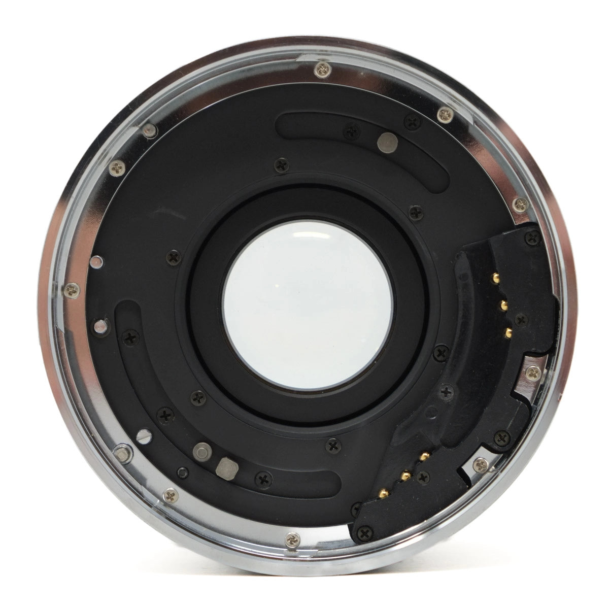 Close-up of a camera lens teleconverter mount on a white background