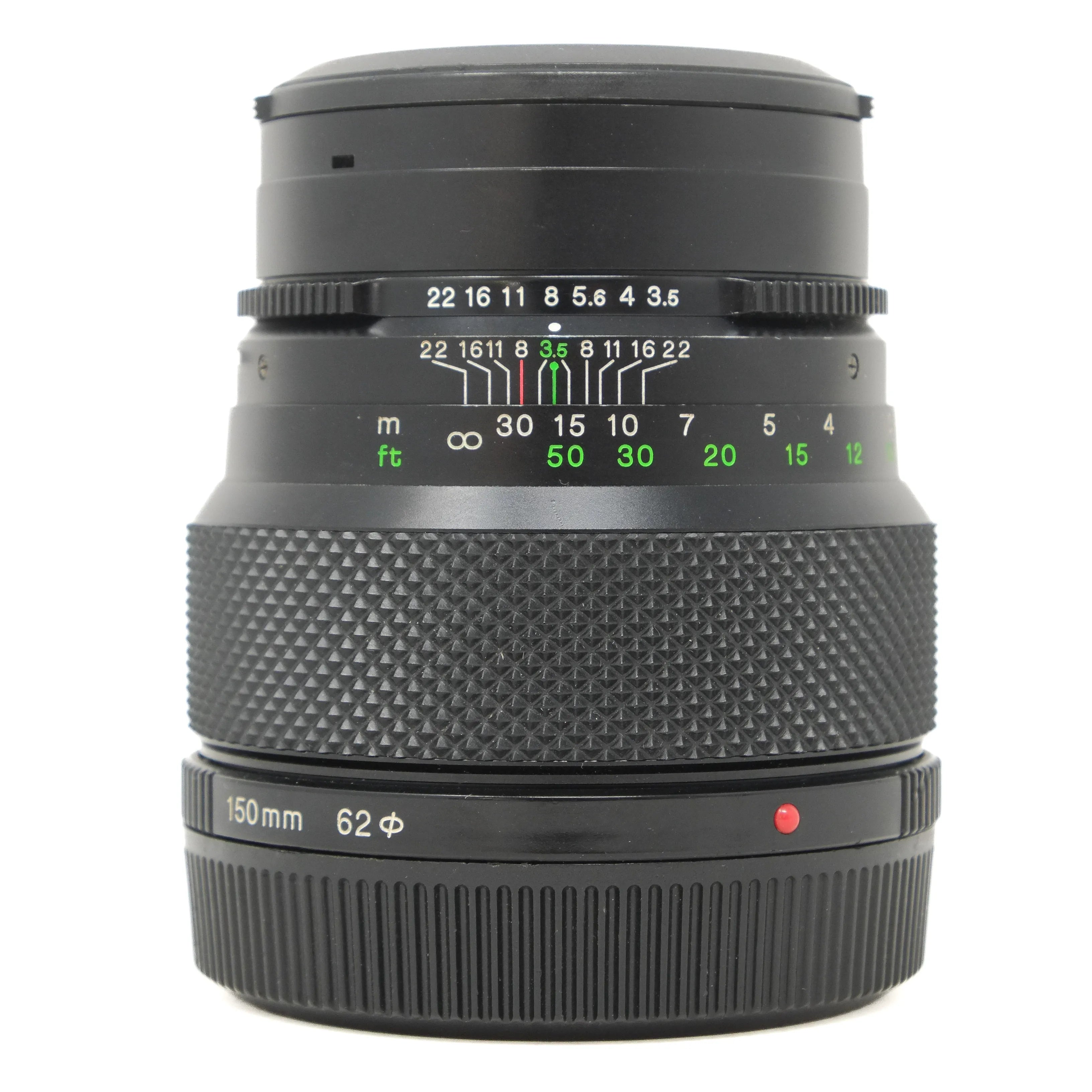Camera lens with focus and aperture controls on a white background