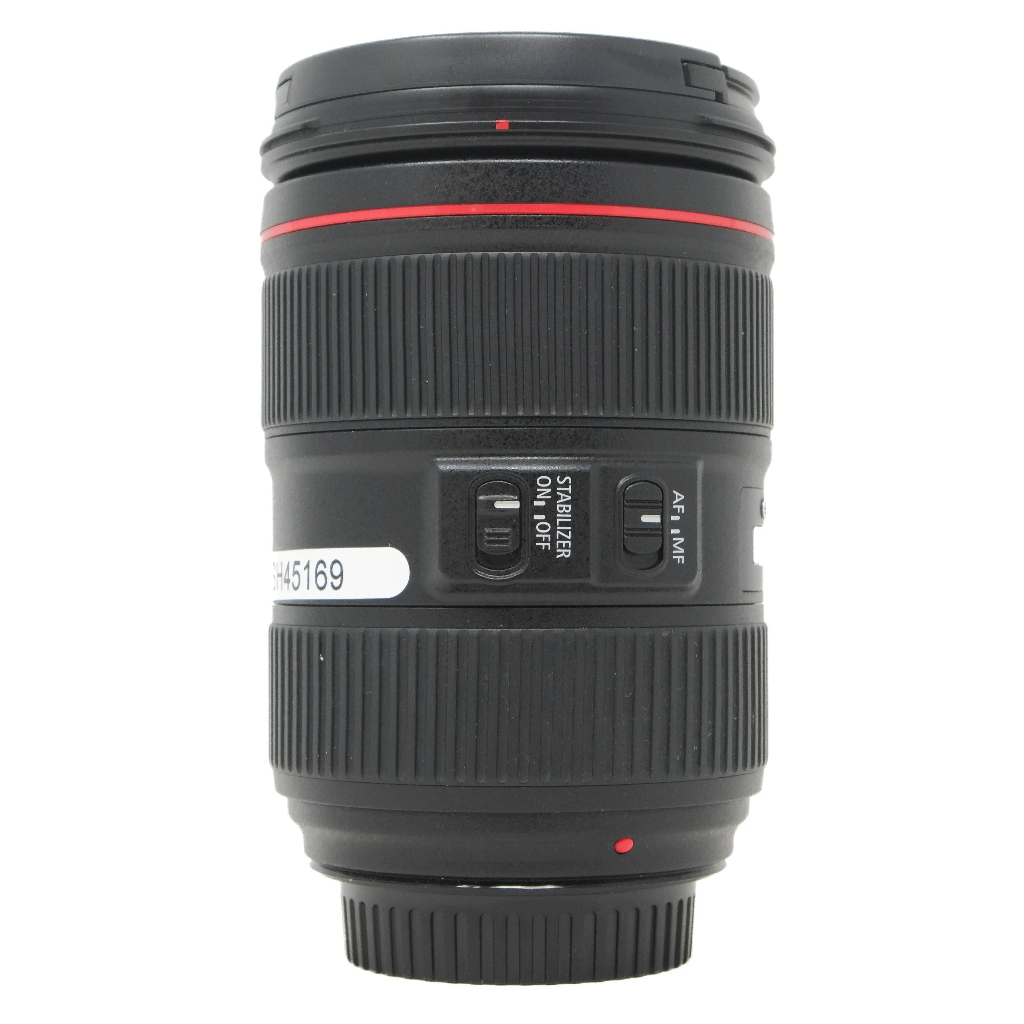 Camera lens with visible branding on a white background