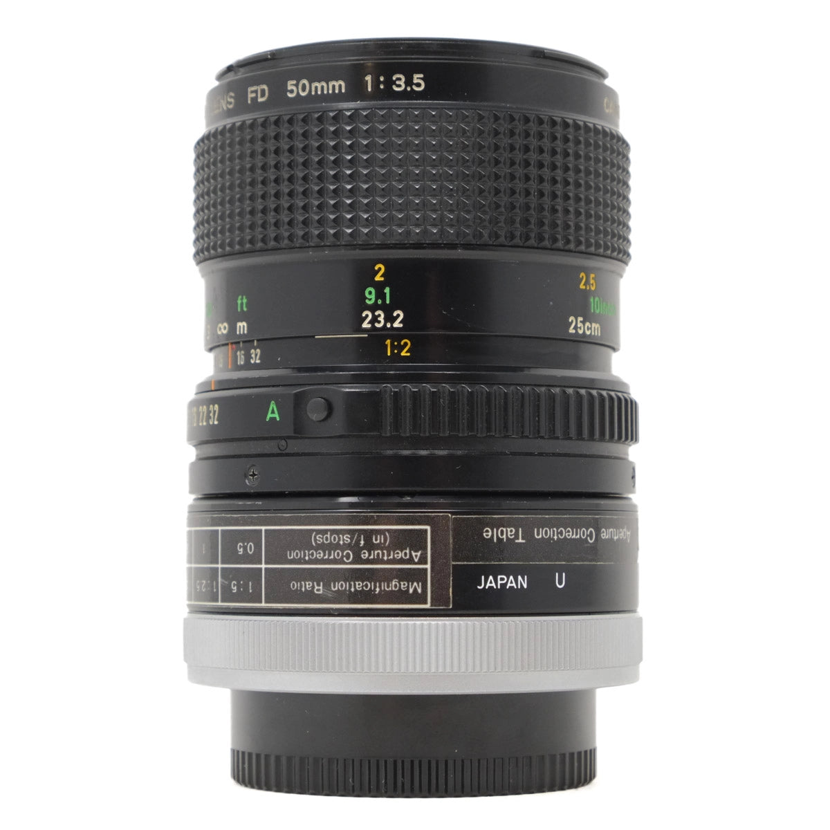 Camera lens with focus and aperture information on a white background