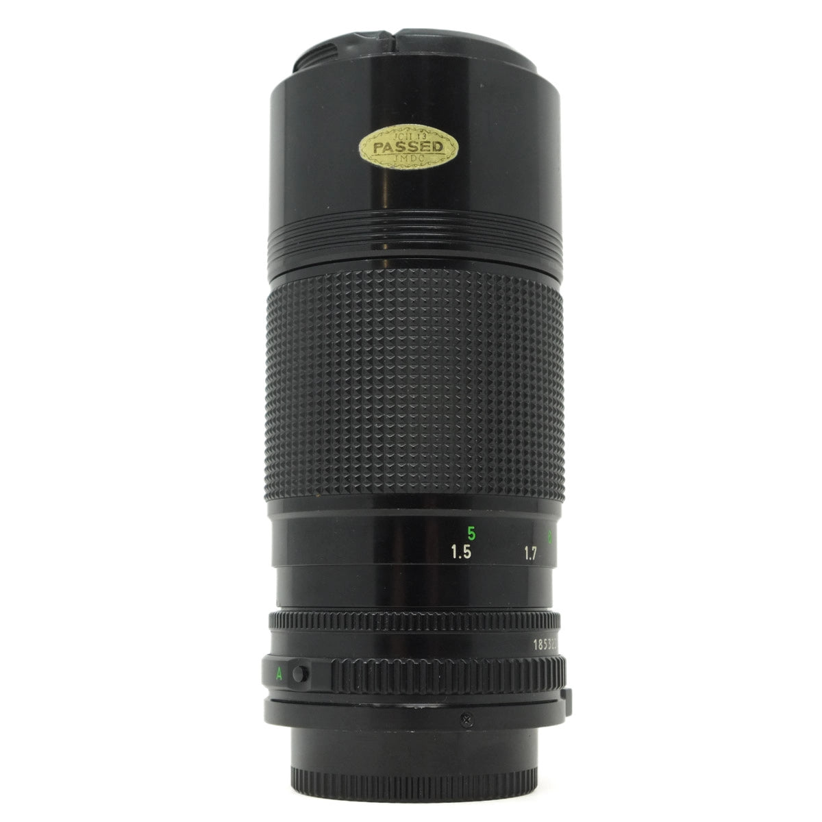 Black camera lens with focus scale on a white background