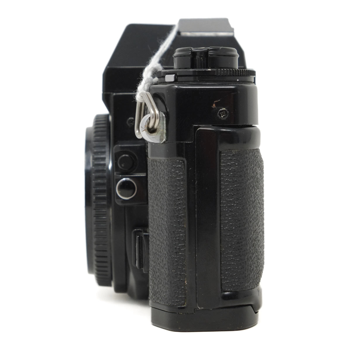 Black camera body on a white background