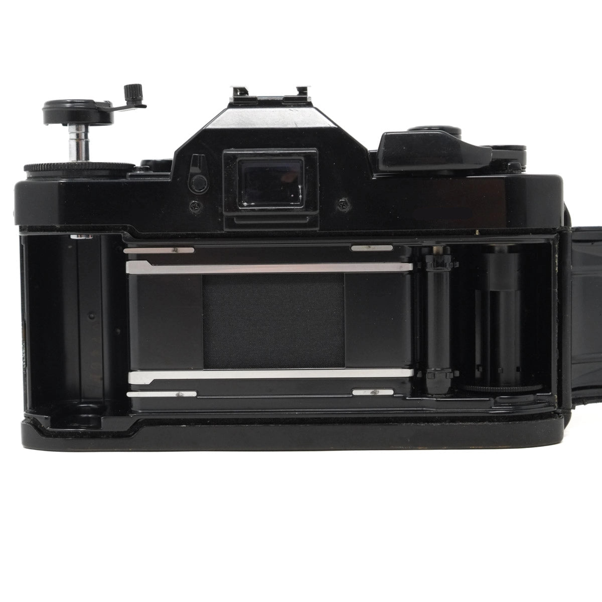 Black camera body on a white background