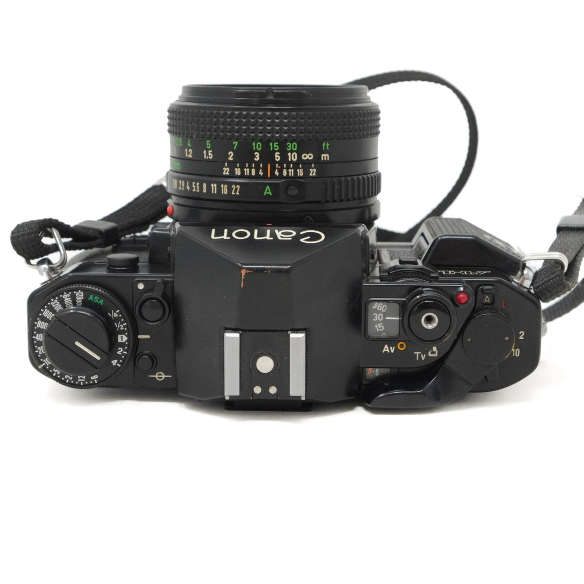 Used Canon A-1 Classic film camera with 50mm f1.8 and instructions - top angle 