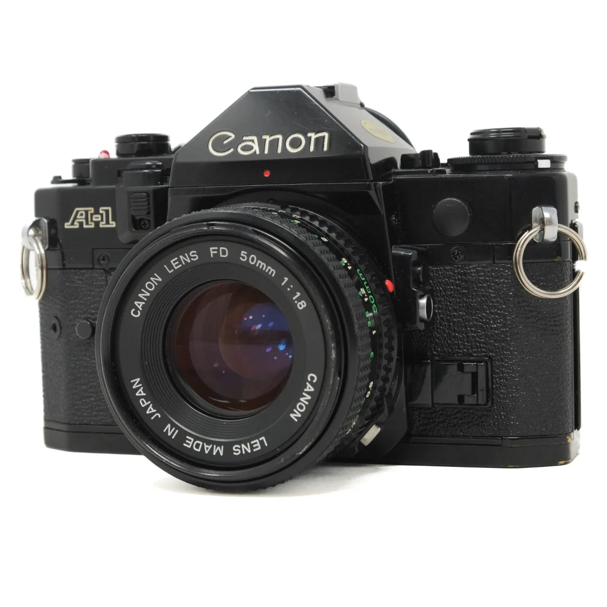 Used Canon A-1 Film Camera + 50mm FD f1.8 Lens - front angle 