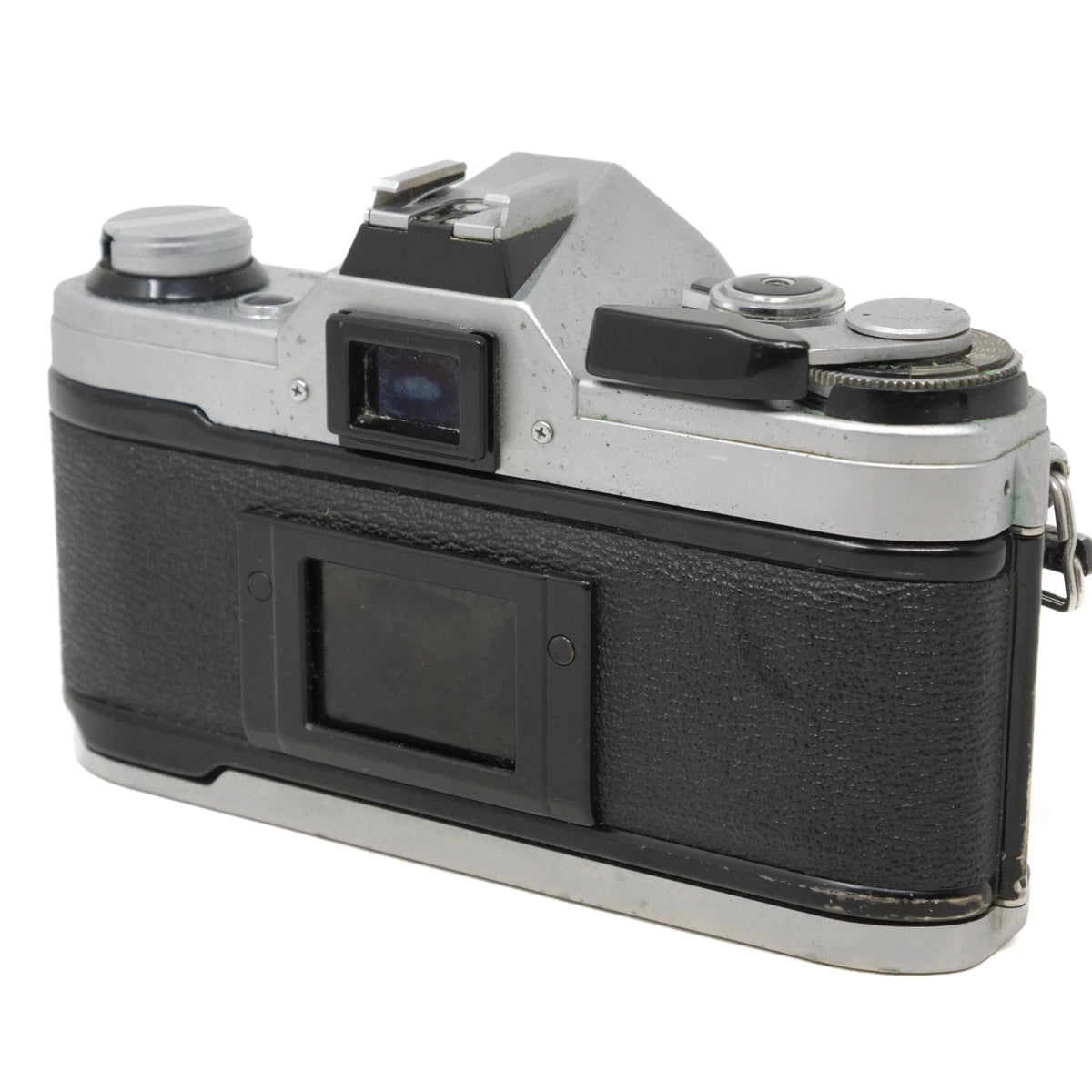 Vintage camera with black and silver design on a white background