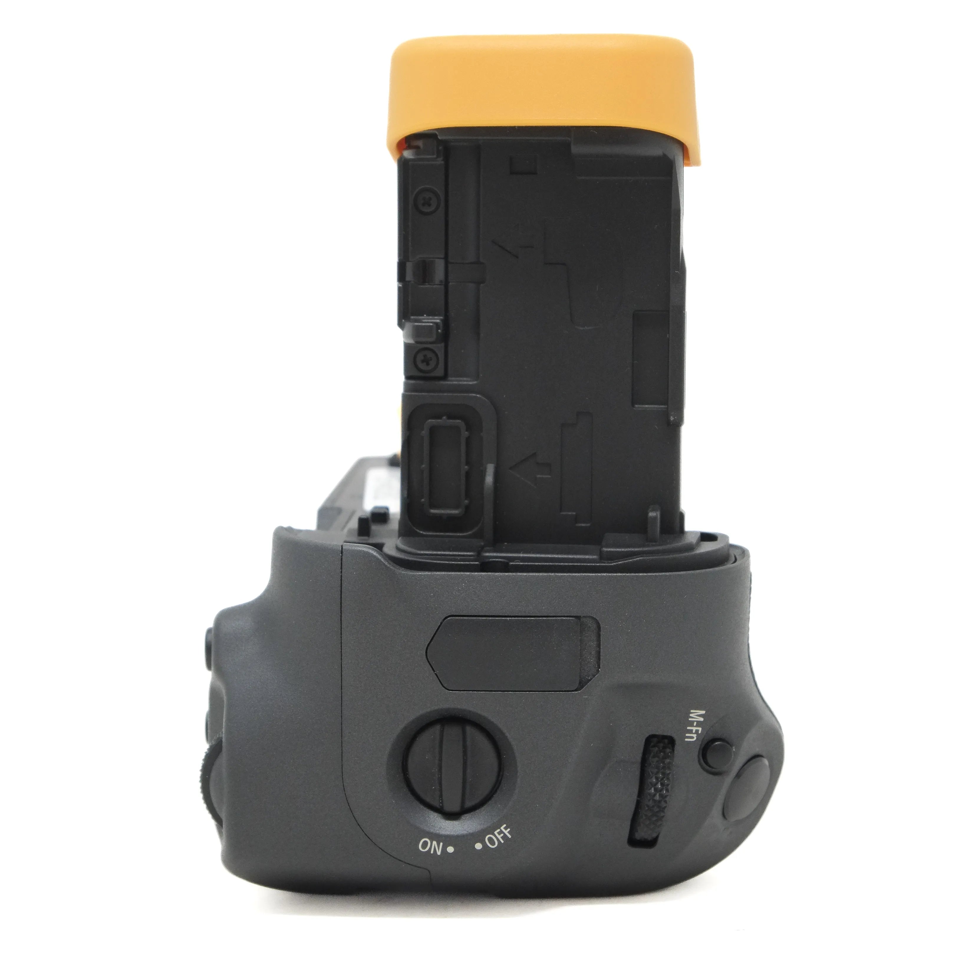 Camera battery grip with yellow top on a white background