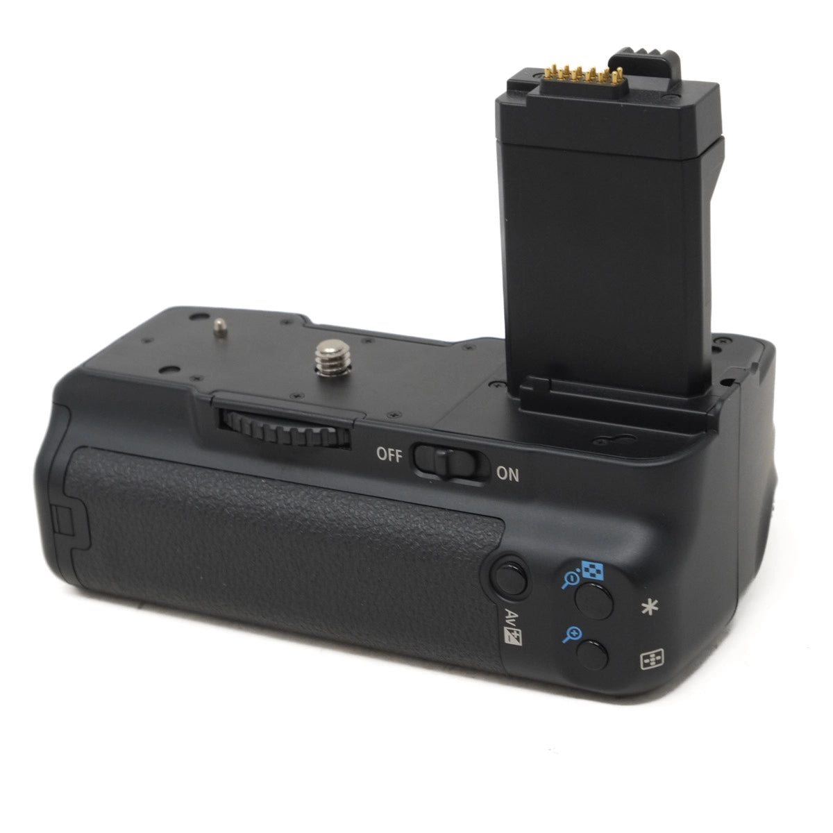 Black camera battery grip on a white background