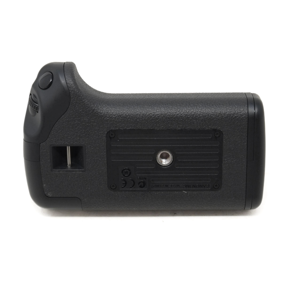 Black camera battery grip on a white background