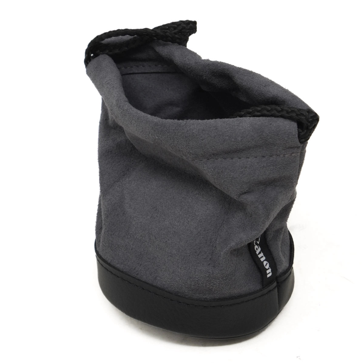 Gray drawstring bag with black base on a white background