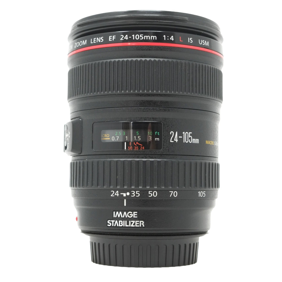 Canon EF 24-105mm f/4L IS USM zoom lens in black with a red accent ring, shown on a white background.