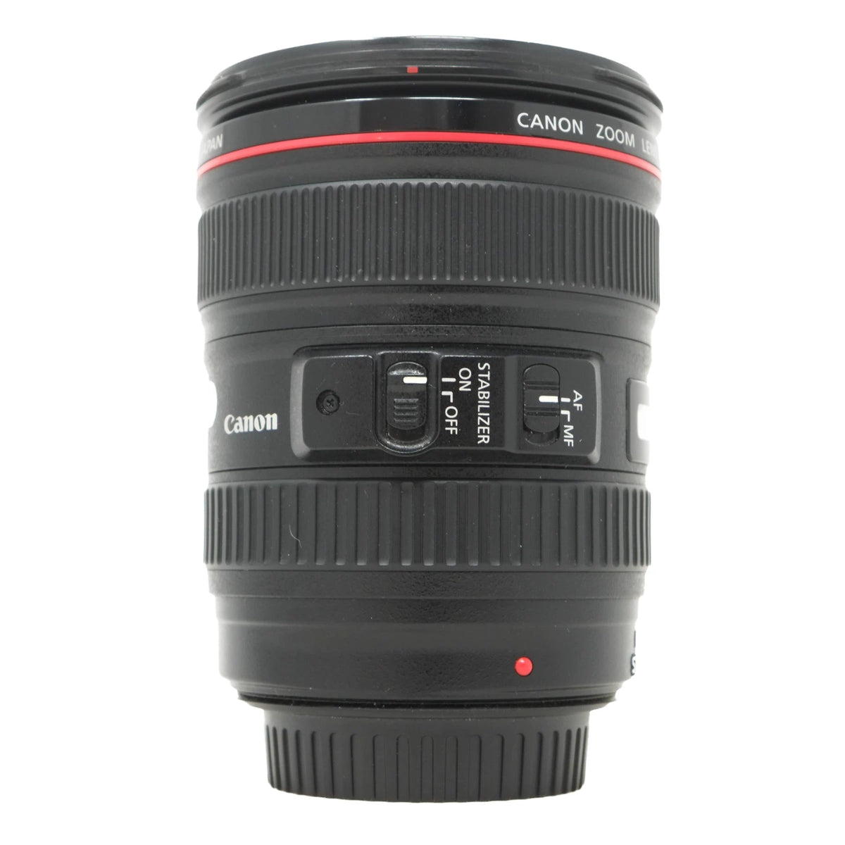 Canon zoom lens in black with red accent rings and white text, shown against a plain white background.