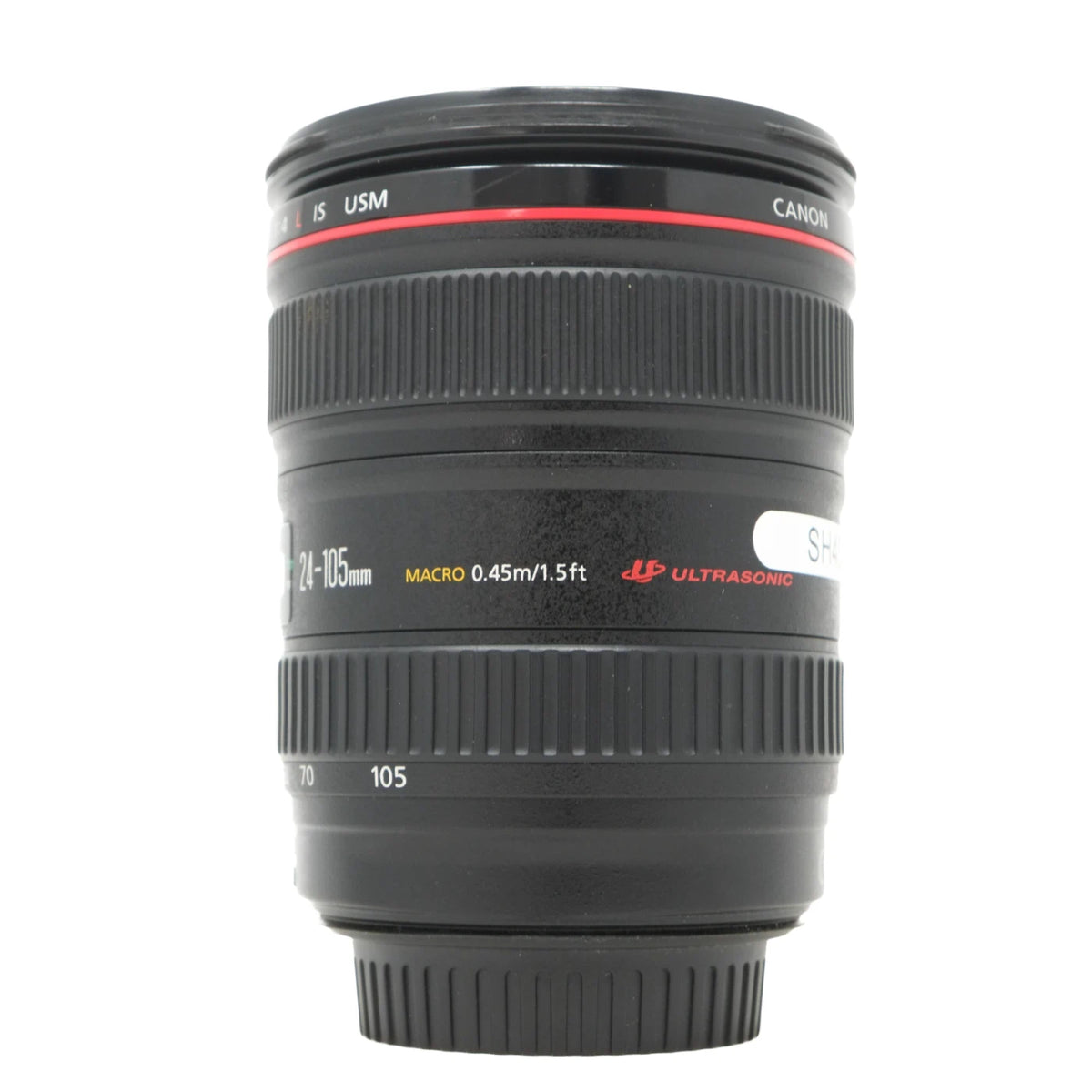 Canon 24-105mm Macro Ultrasound lens in black with a red accent ring, shown on a white background.