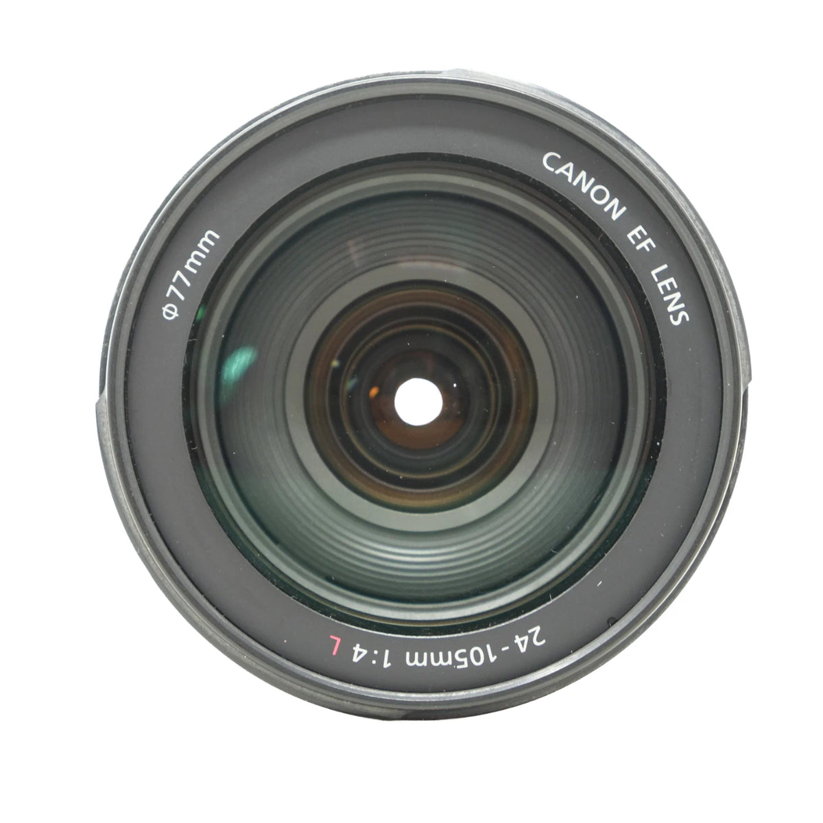 Canon EF 77mm 24-105mm F4 L zoom lens shown from a top-down perspective on a white background.