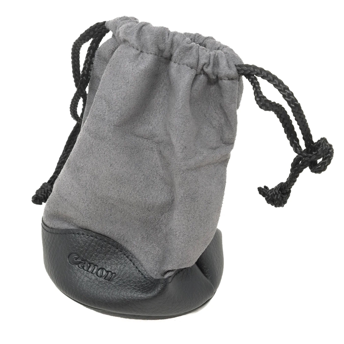 A Canon-branded gray drawstring pouch with a black leather base and black drawstrings, shown on a plain white background.