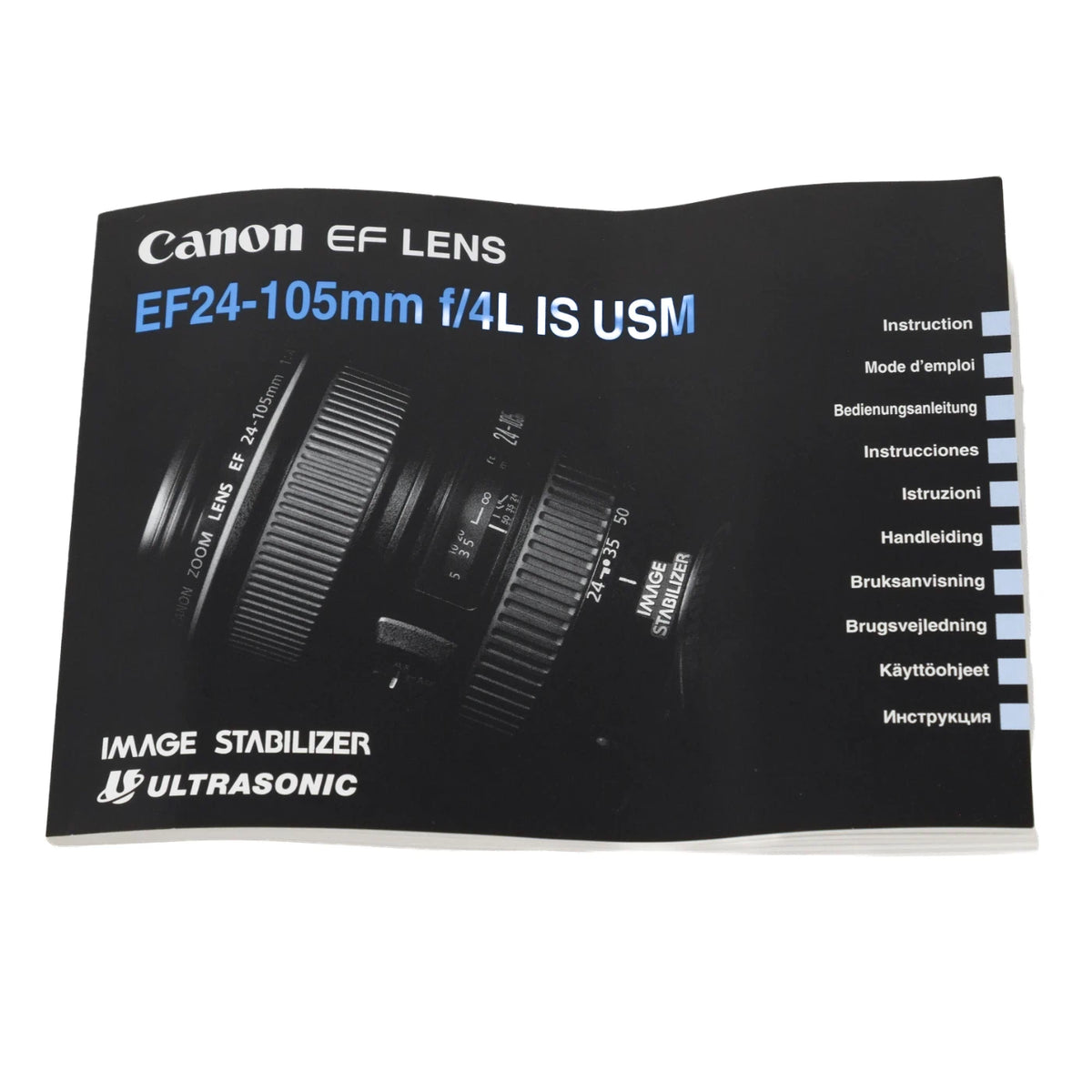 A Canon EF 24-105mm f/4L IS USM image stabilizer lens manual cover, shown on a plain white background. The black cover features a photo of the camera lens, the Canon logo, and text in multiple languages on the right side.