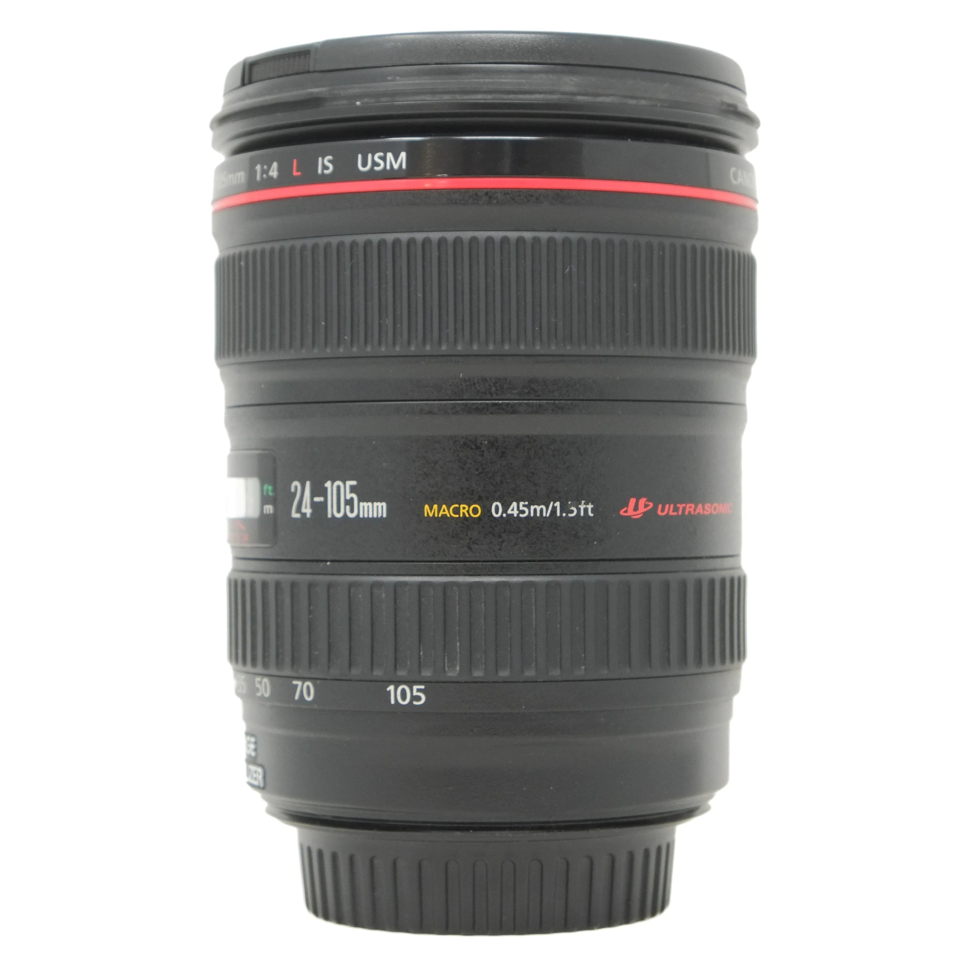 Camera lens with specifications on a white background
