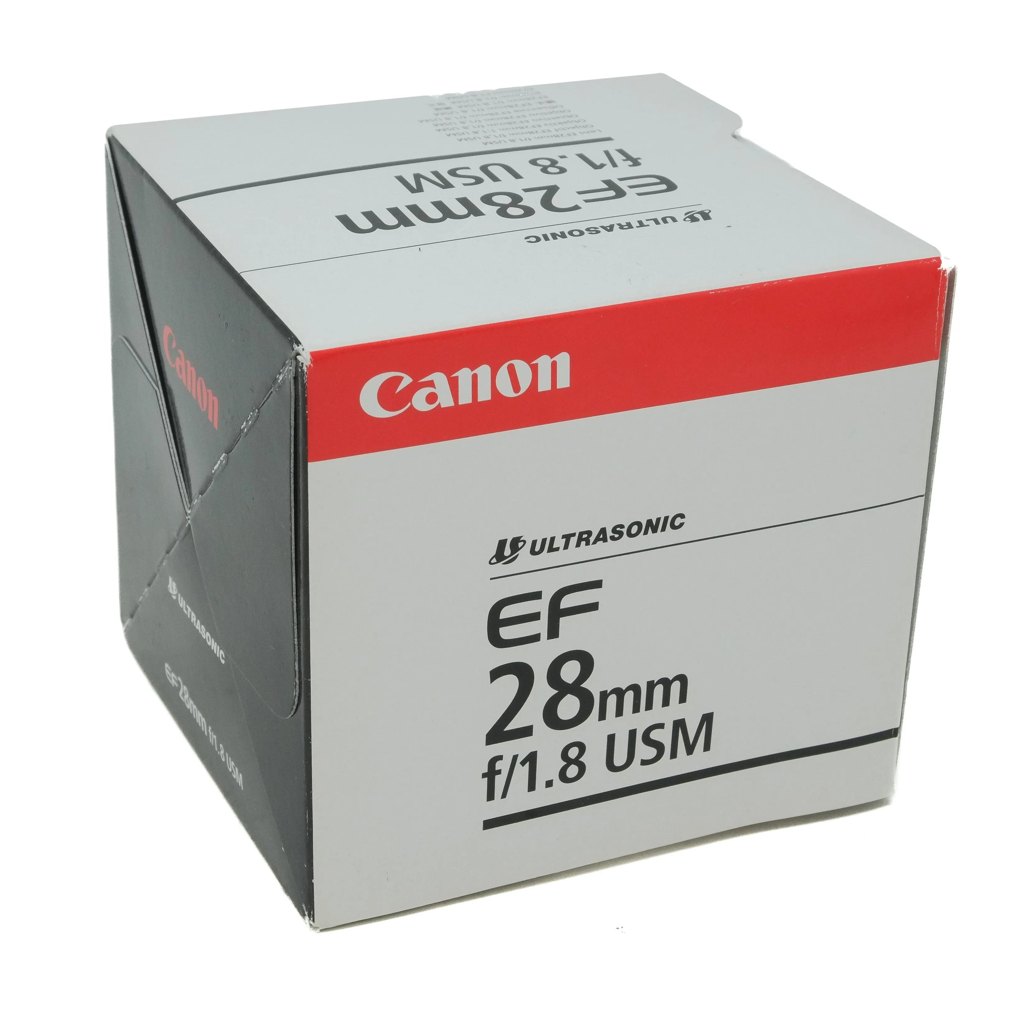Canon EF 28mm f/1.8 USM camera lens packaging on a white background