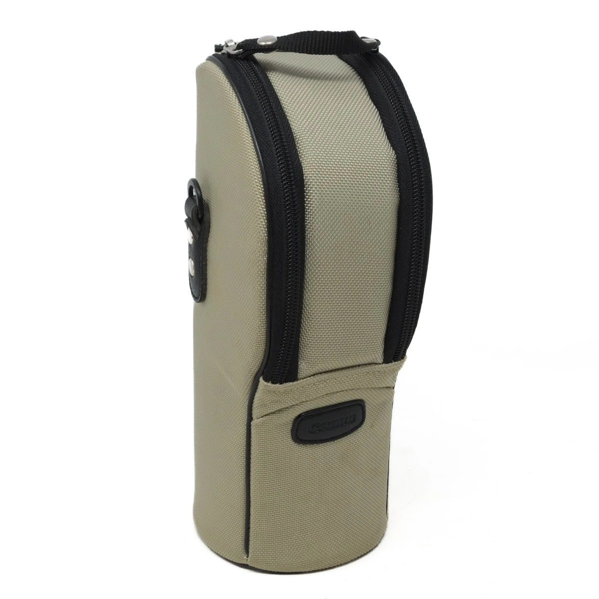 Beige and black zippered pouch on a white background