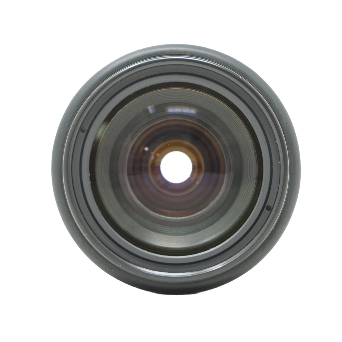 A close-up, front-facing view of a circular camera lens with a dark gray metal rim and internal glass elements, isolated on a white background.