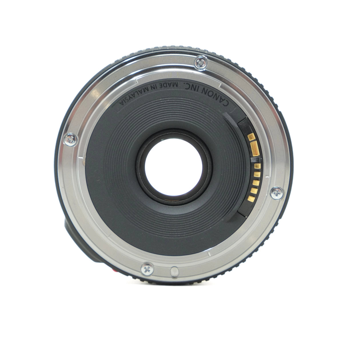 Camera lens with 'Canon Inc.' branding on a white background