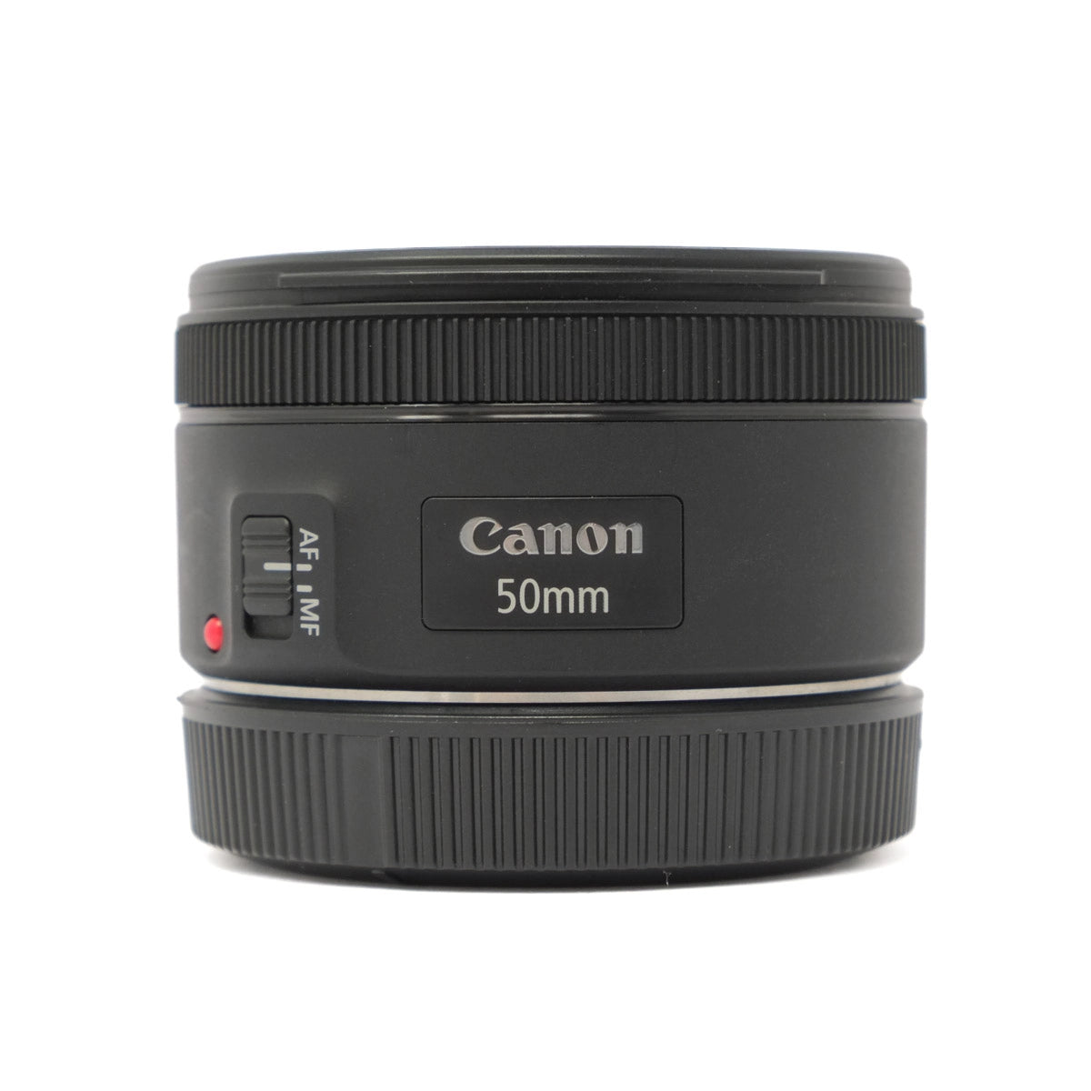 Canon 50mm camera lens on a white background