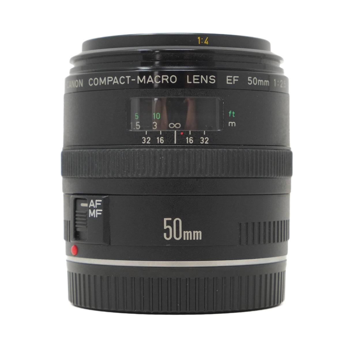 Used Canon EF 50mm F2.5 Macro lens in EF fitting - front angle