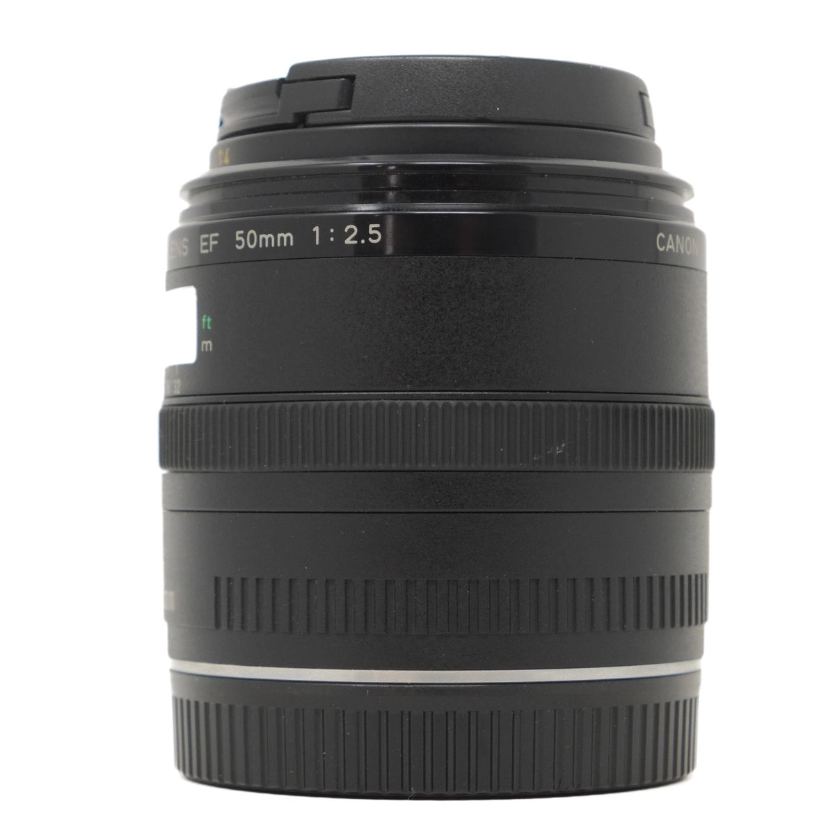 Used Canon EF 50mm F2.5 Macro lens in EF fitting - side angle 