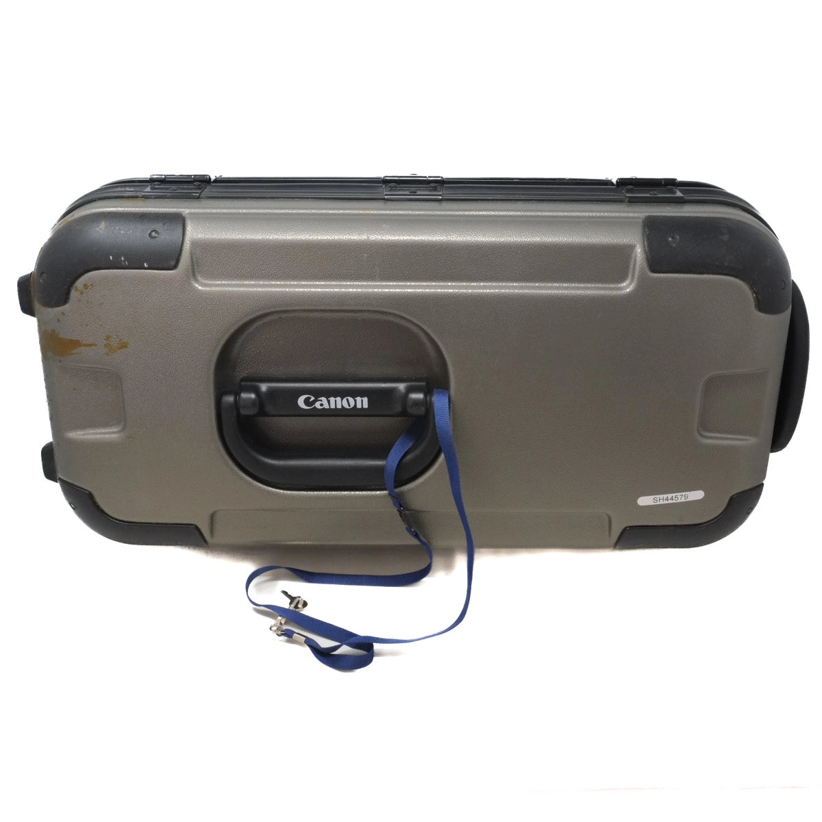 Canon camera case with a blue strap on a white background