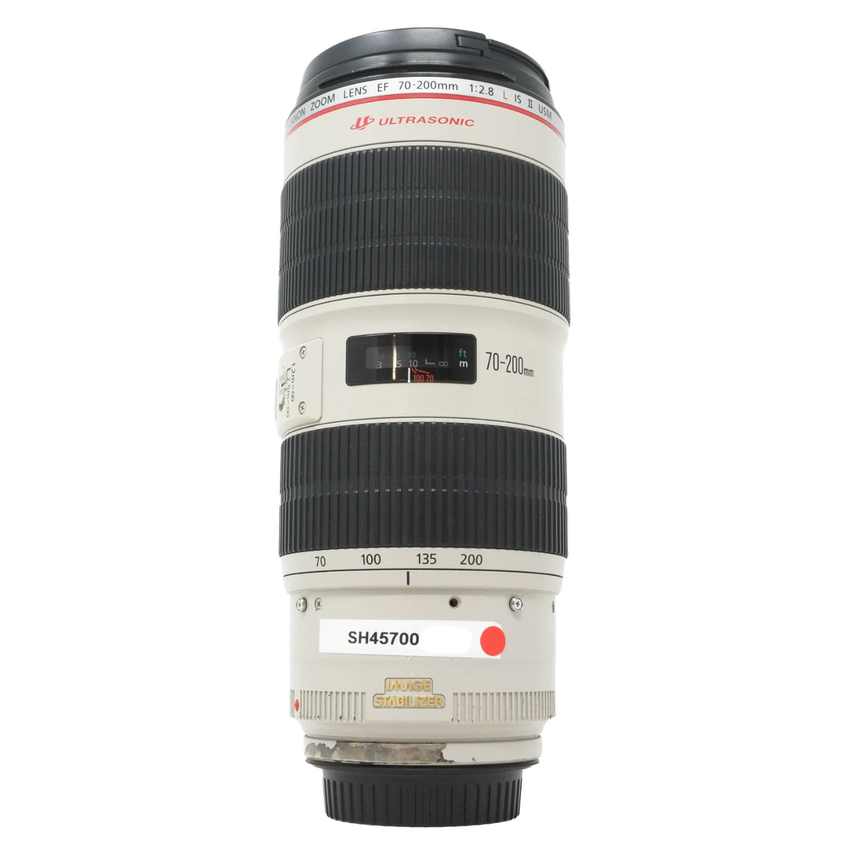 Canon EF 70-200mm f/2.8L IS Ultrasound lens with a white and black body, featuring a black front lens cap and a white rear mount, shown against a plain white background.