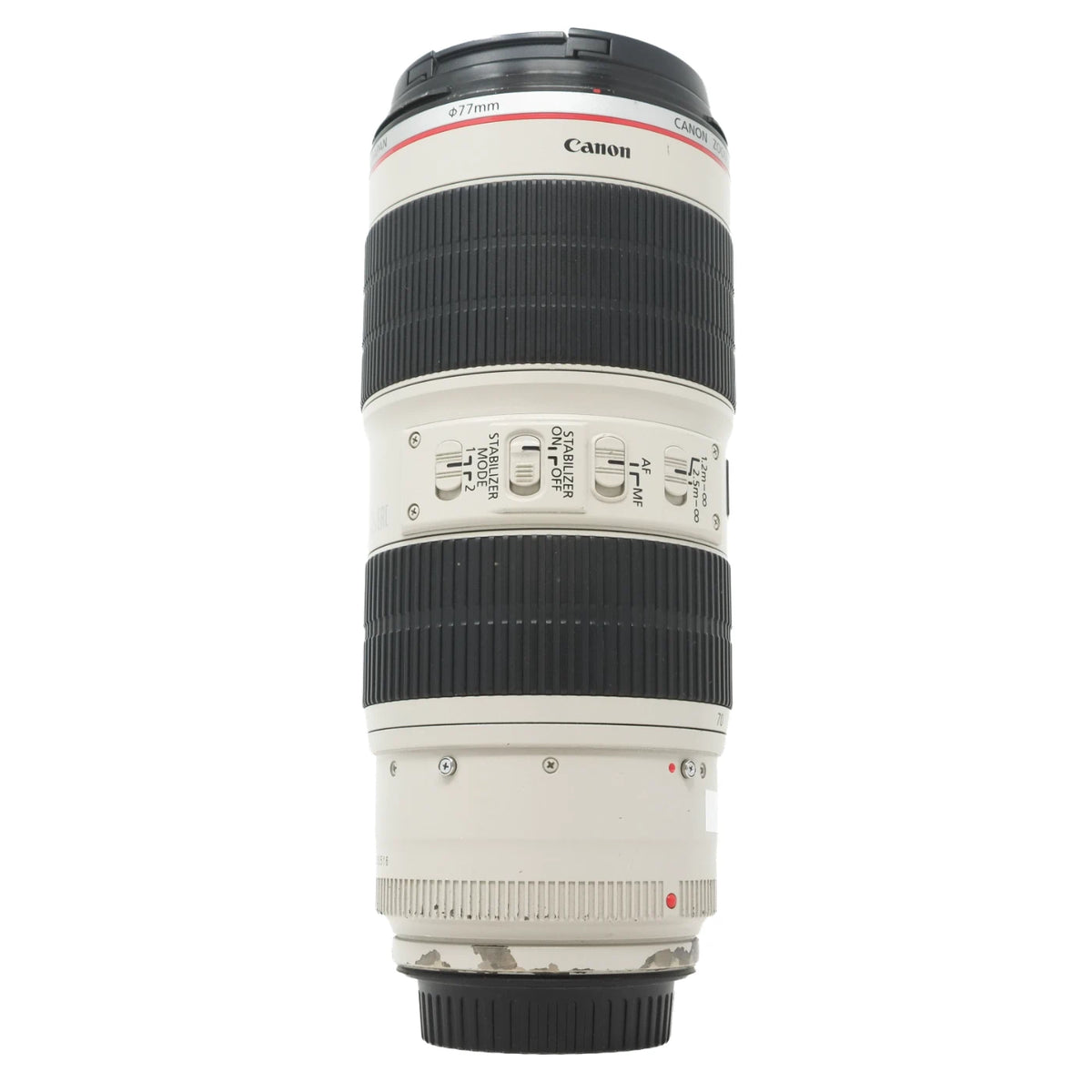 Canon EF 70-200mm f/2.8L IS II USM telephoto lens with a black front lens cap, white and black barrel, and red accent line, shown vertically on a white background.