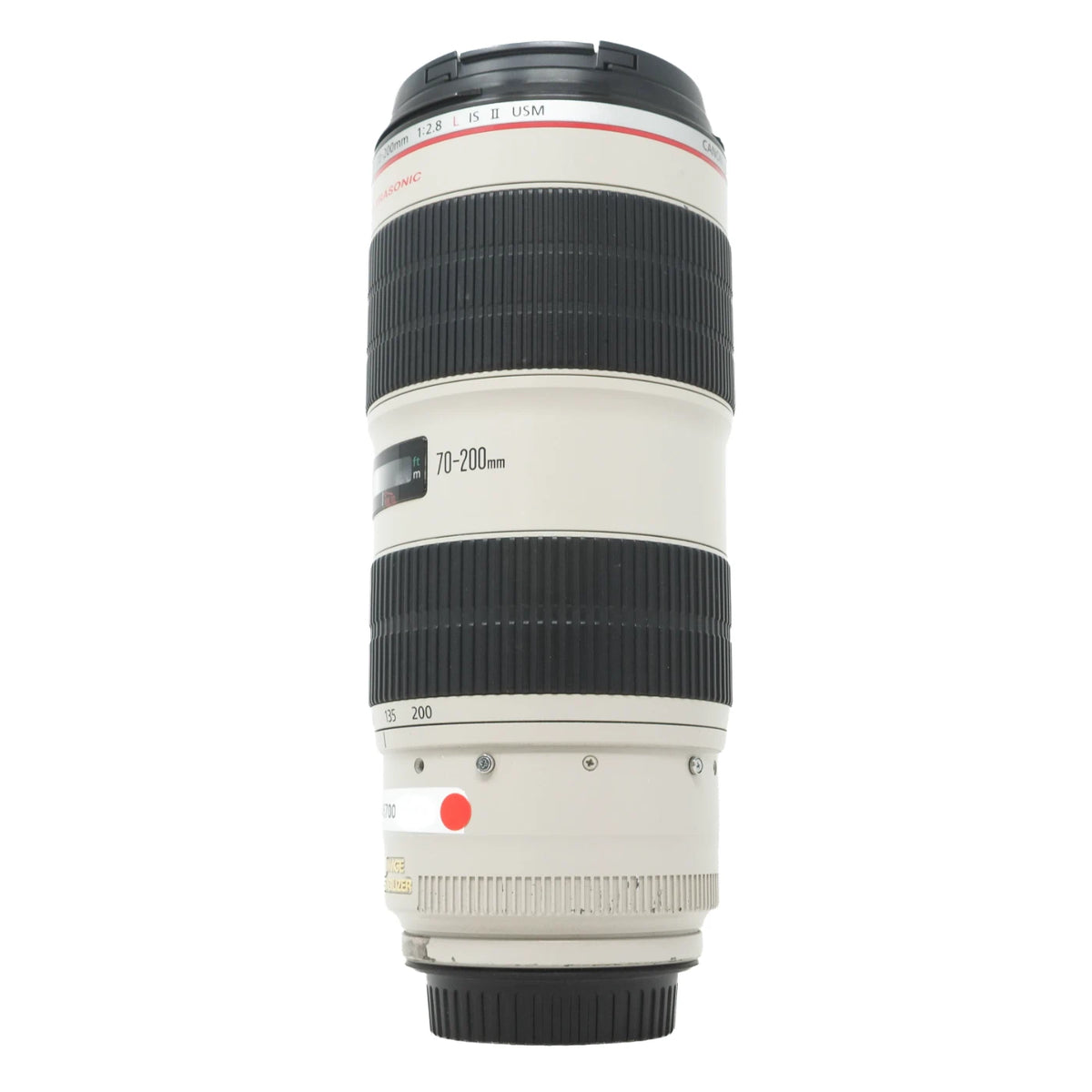 Canon EF 70-200mm f/2.8L IS II USM telephoto lens in white and black with red accents, shown vertically against a plain white background.