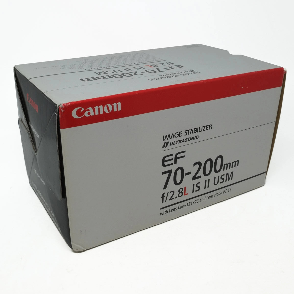 Canon camera lens box with specifications on a white background