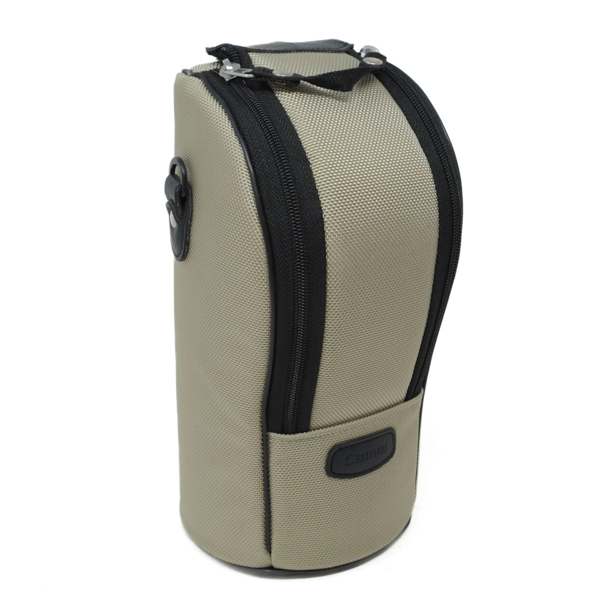 Beige travel bag with black zipper and branding on a white background