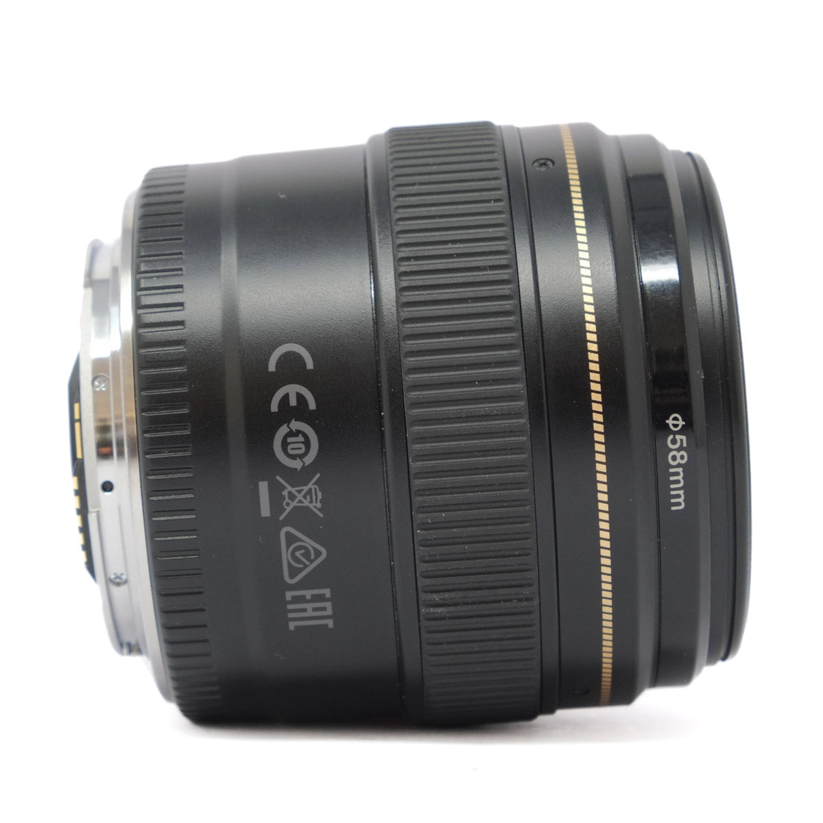 Camera lens with visible branding and specifications on a white background