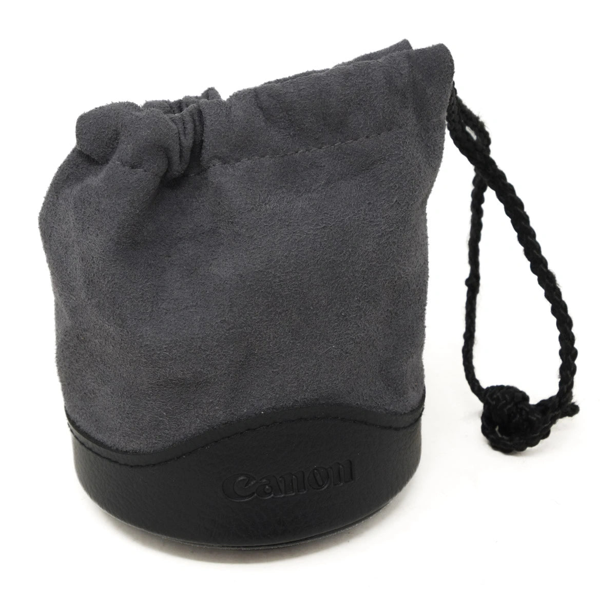 Gray drawstring pouch with black Canon logo on a white background