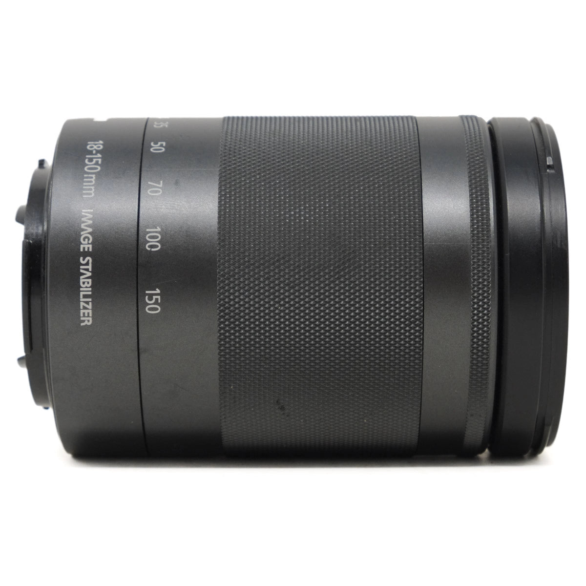 Black camera lens with text on a white background