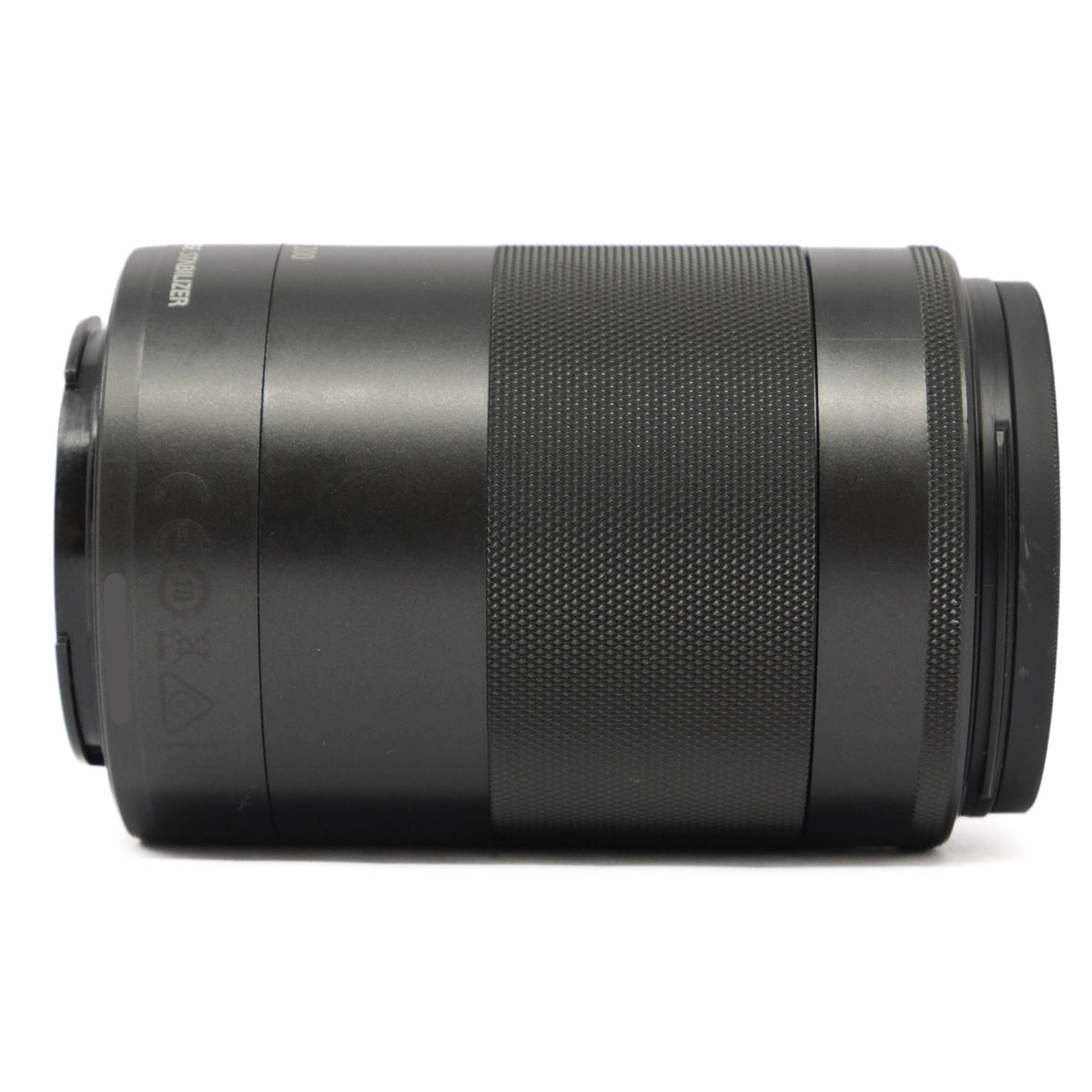 Black camera lens on a white background