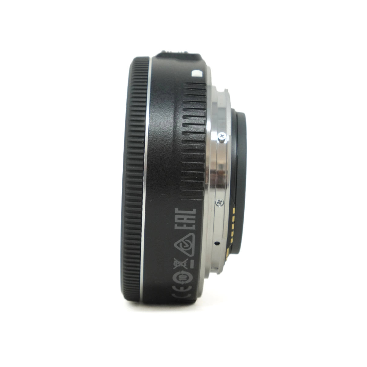 Camera lens with branding on a white background