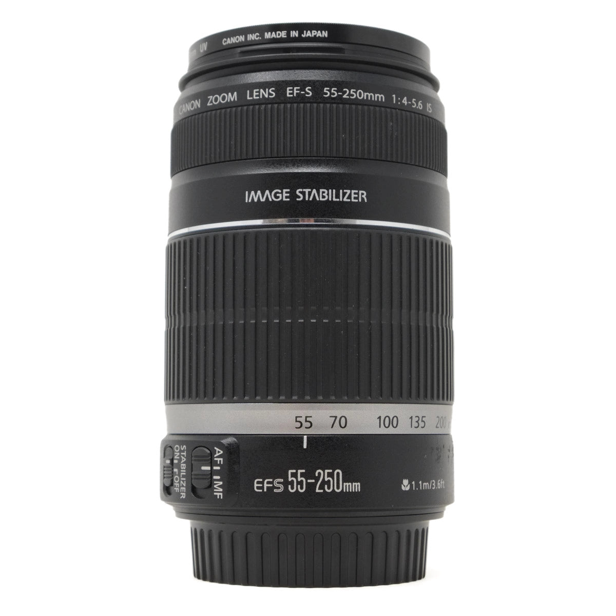 Canon camera lens with specifications on a white background