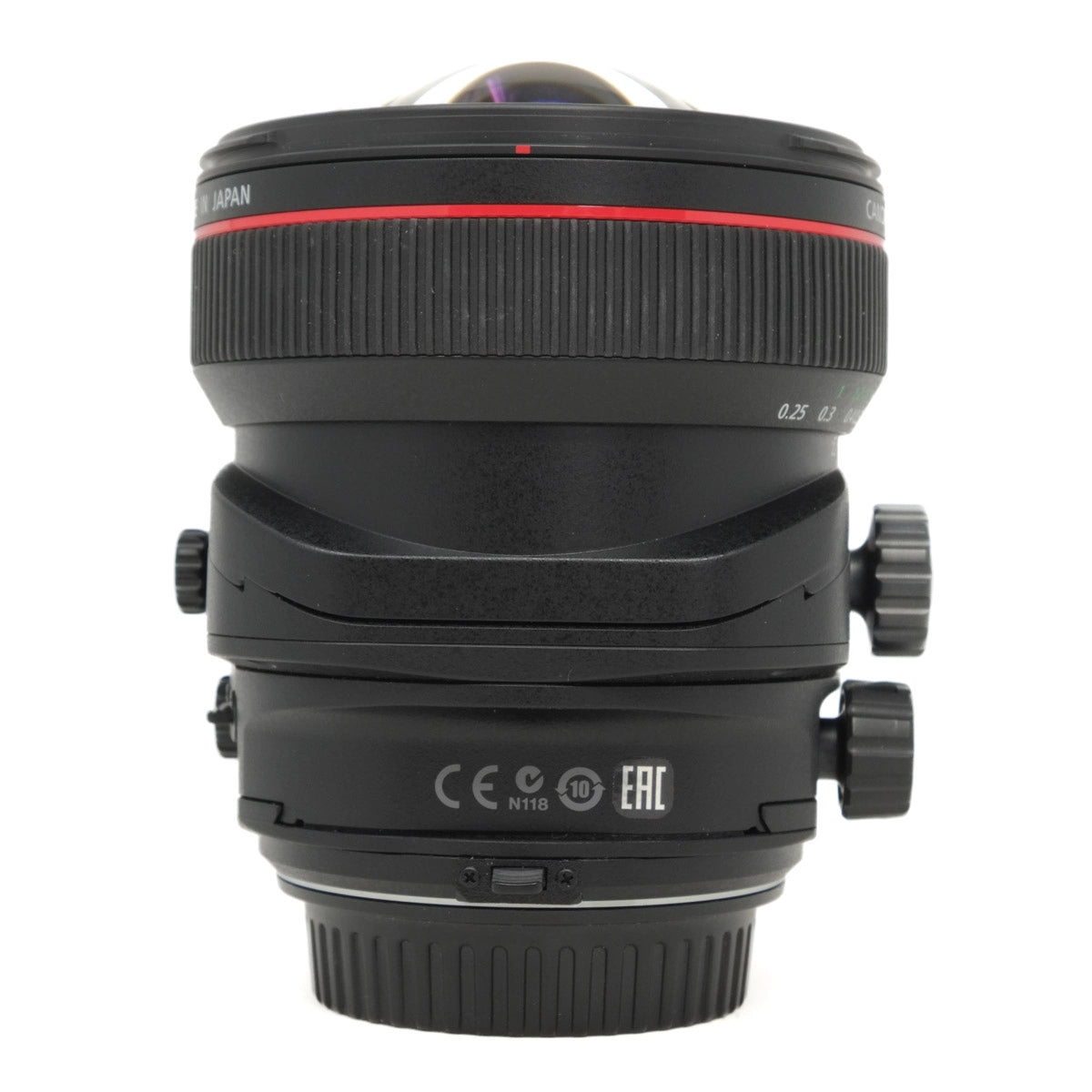 Camera lens with brand name on a white background