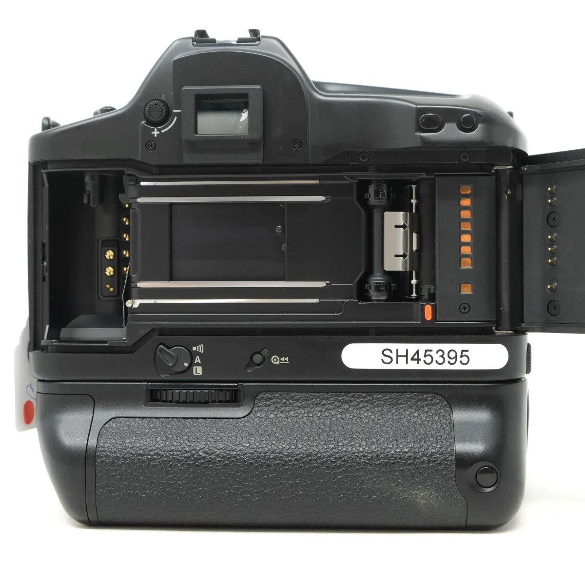 Used Canon EOS 1 Classic film camera with Booster E1 and 50mm F1.8 - back angle (open)