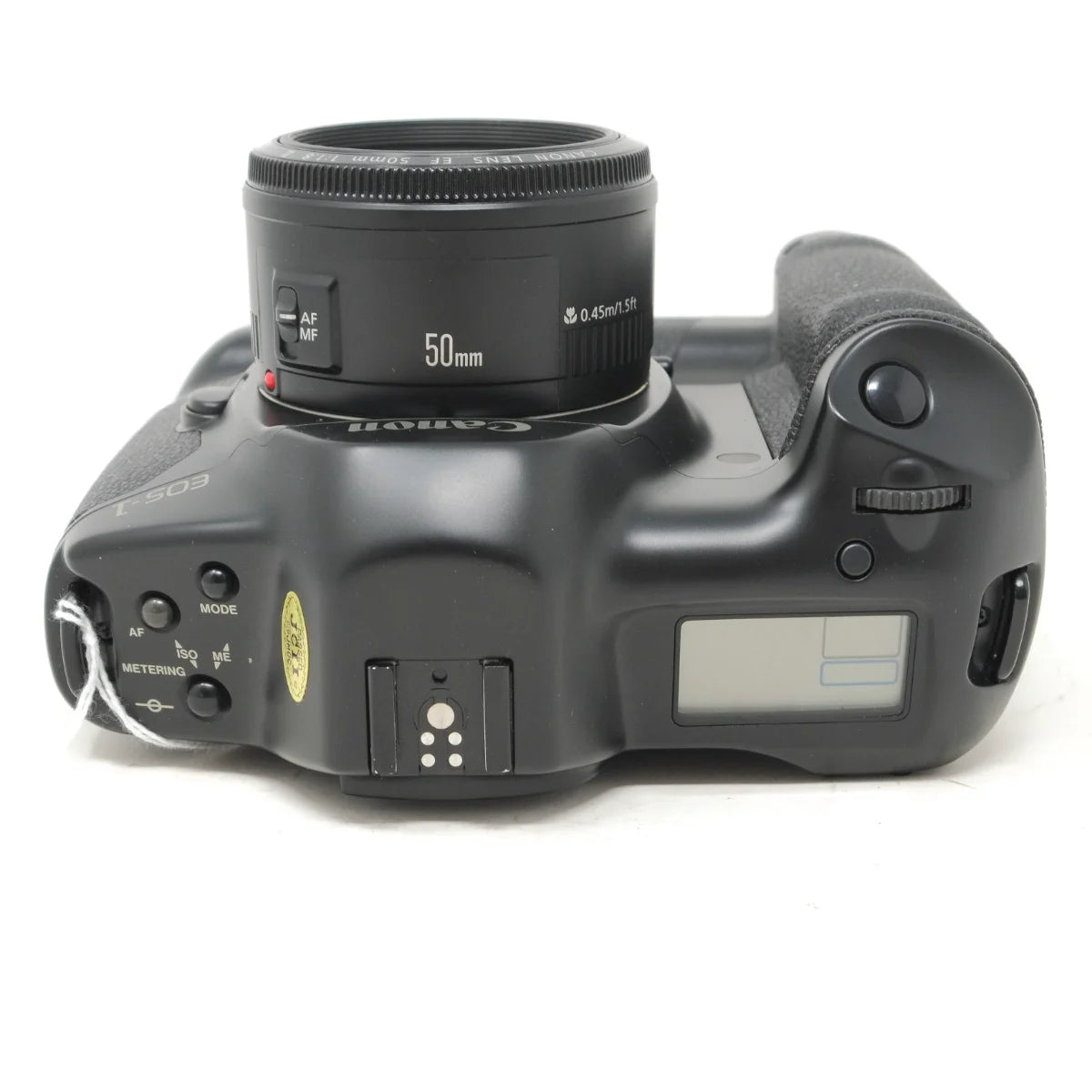 Used Canon EOS 1 Classic film camera with Booster E1 and 50mm F1.8 - top angle 