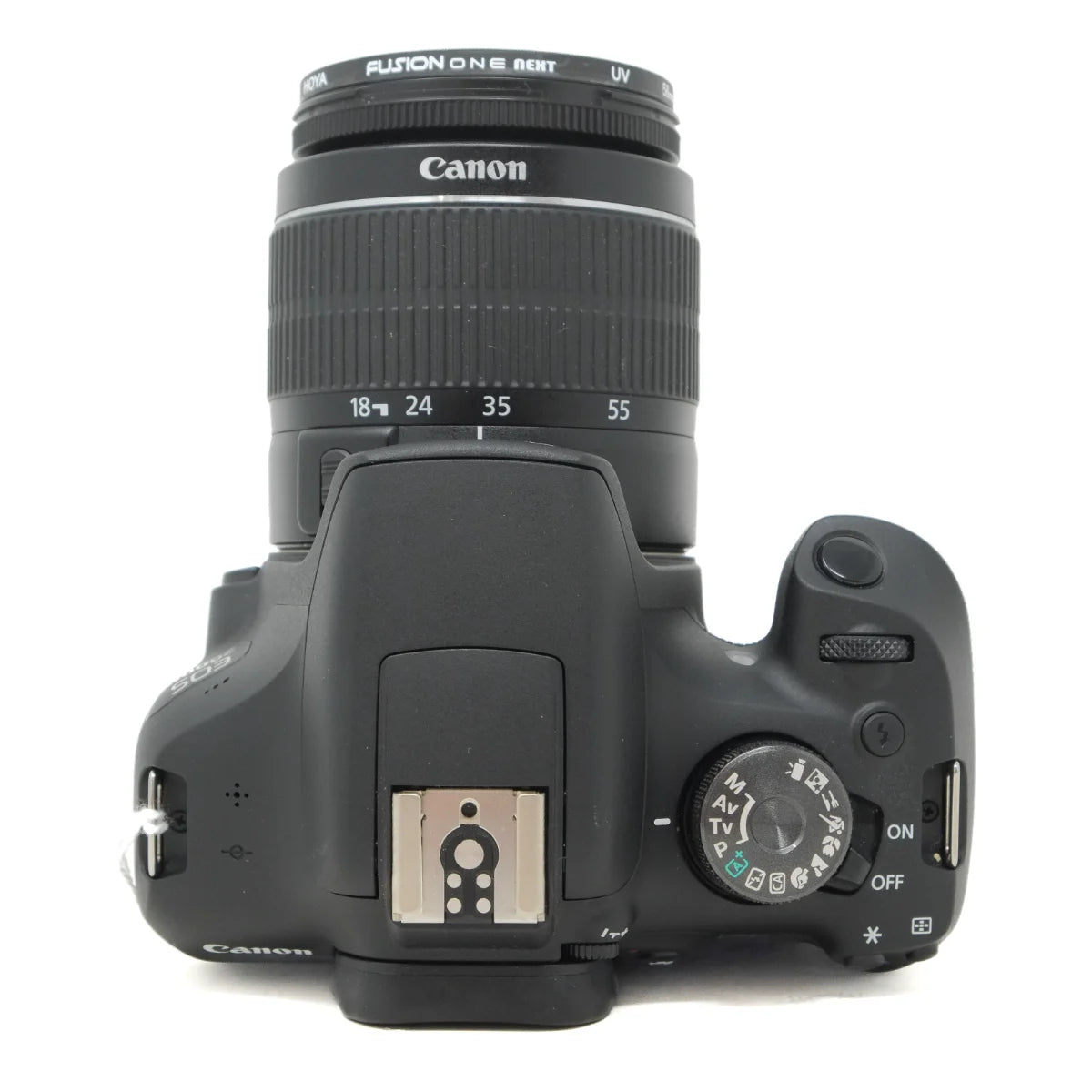 Canon DSLR camera body with a zoom lens, shown from the back top view on a white background.