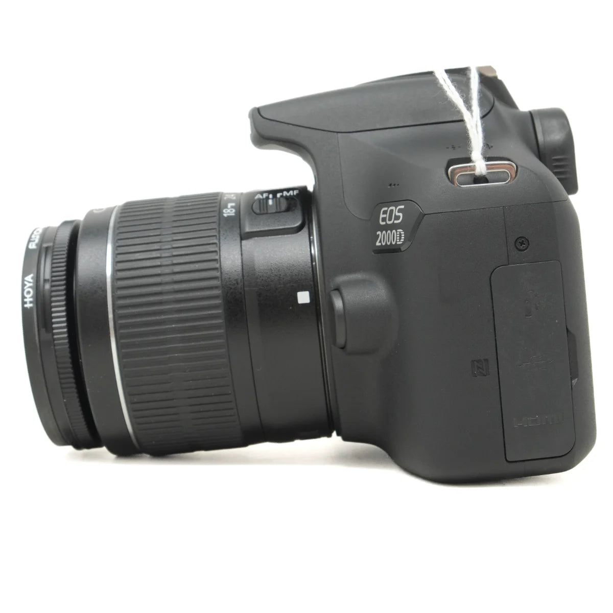 A black Canon EOS 2000D DSLR camera with a zoom lens, shown from a side profile view against a white background.