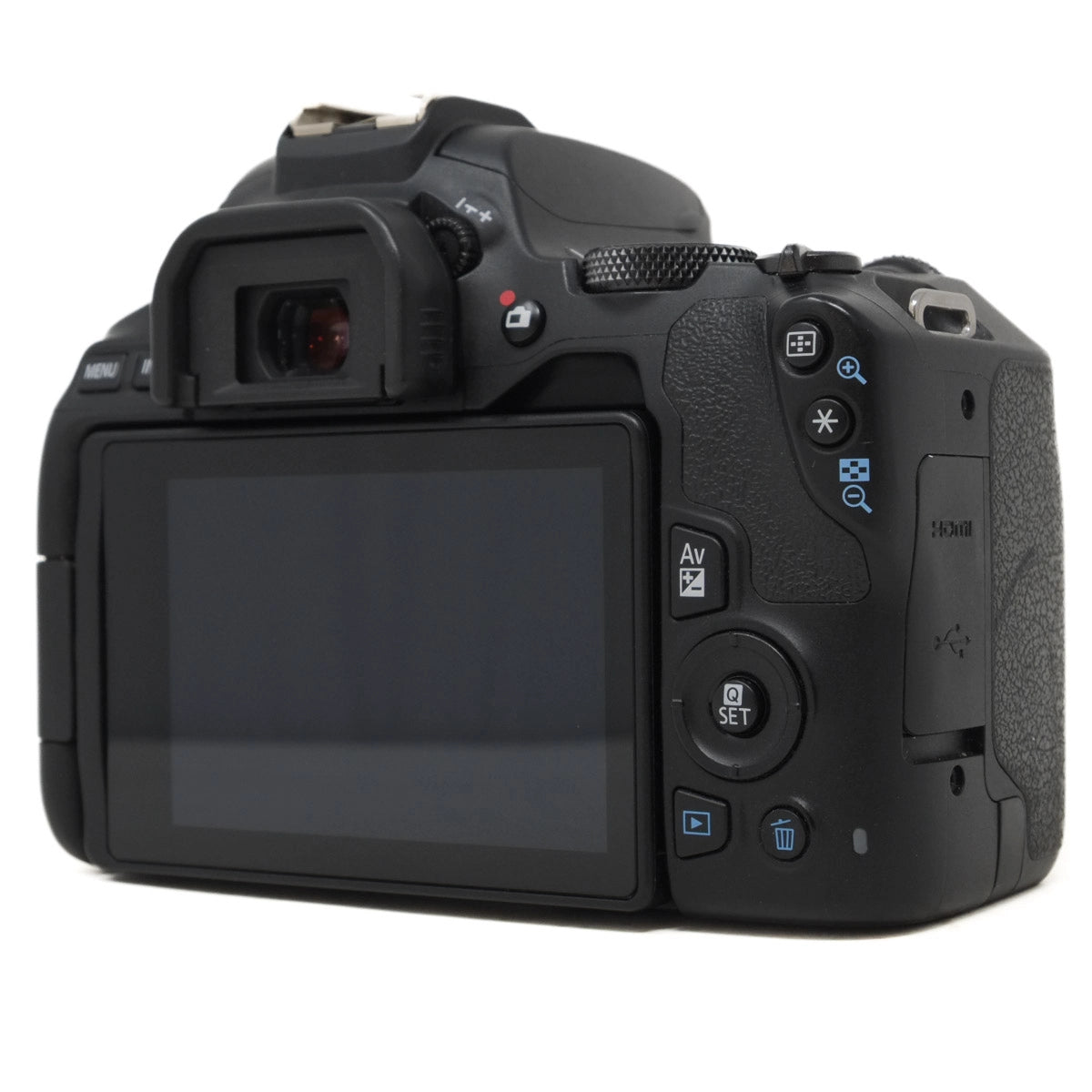 Back view of a black DSLR camera on a white background