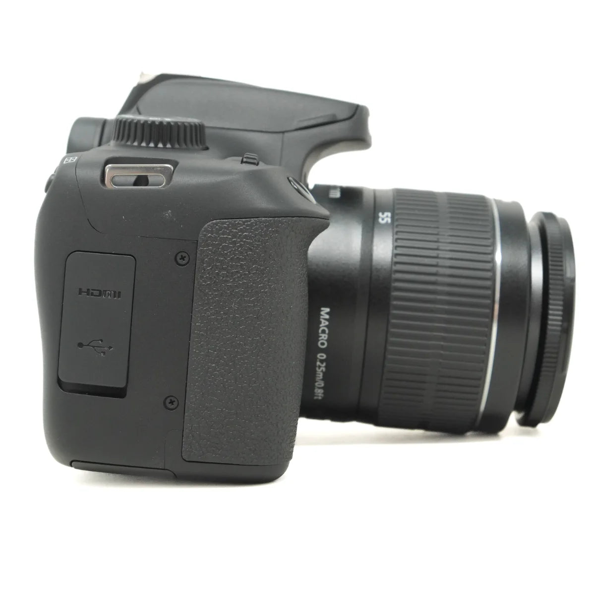 Used Canon EOS 4000D with 18-55mm III lens - side angle 